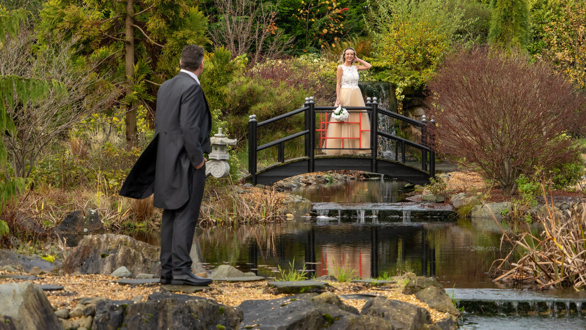 Bride and groom in garden